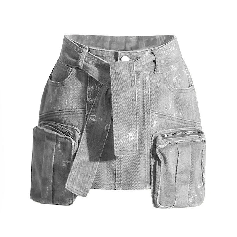 Newest Summer Unique Vintage Sexy Night Club Streetwear Colorful Baggy Cargo Style Wrap Skirt Mini Denim Skirt Women's Skirts details