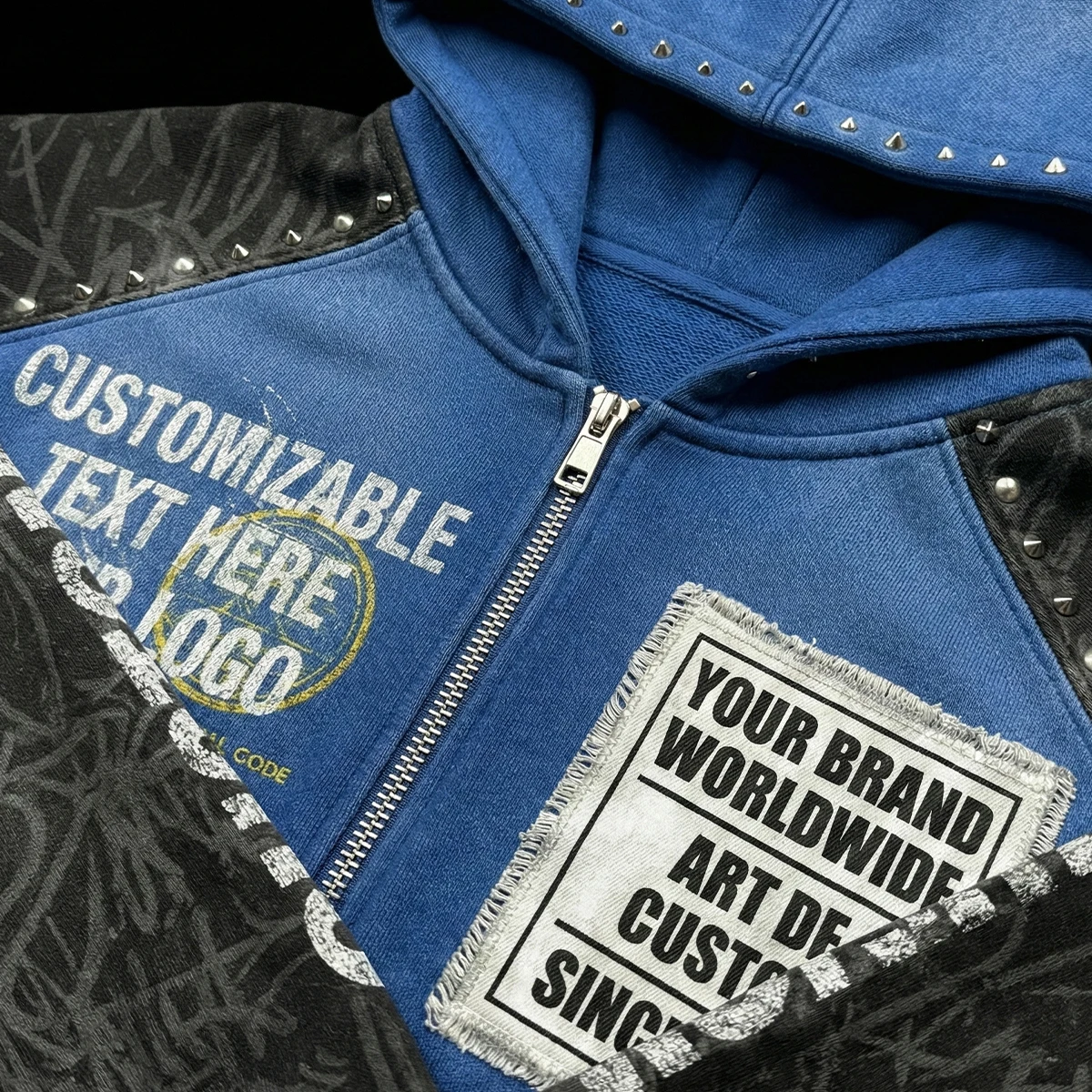 product custom acid wash zip up patchwork rhinestone hoodie hooded oversize boxy embroidery mens hoodies sweatshirts graphic print-6