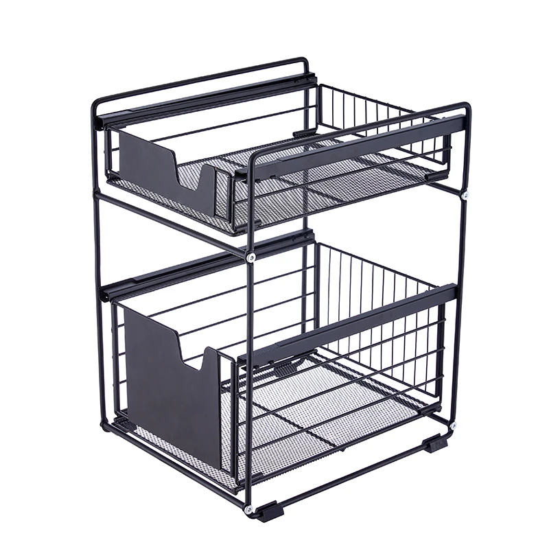 2 Tier Metal Sliding Basket Pull Out Drawer Kitchen Stand Under
