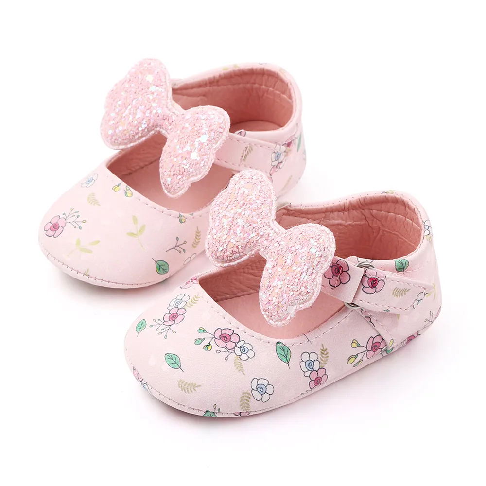 Solid Color Small Flowers Shiny Big Bow Pu Leather Baby Girls Princess Cute Toddler Shoes 2025 details
