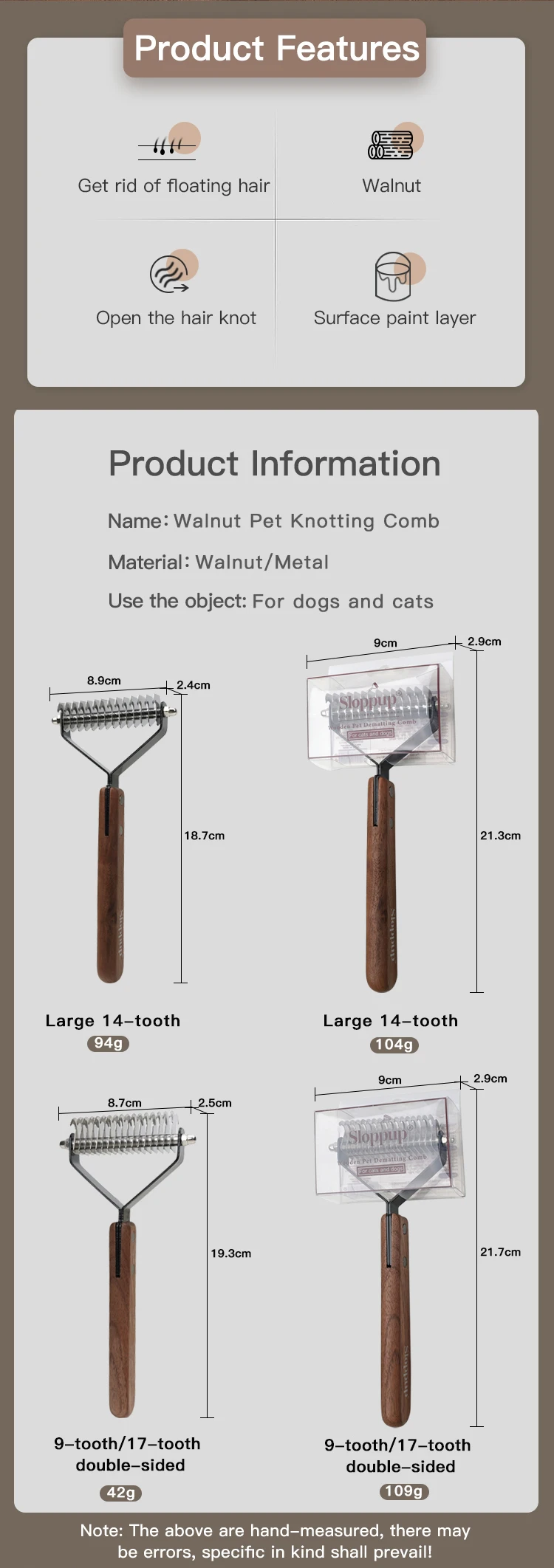 Factory Wholesale Custom Logo Single Double Sided Black Walnut Cat Fur Kont Rake Comb Pet Dog Dematting Grooming Comb