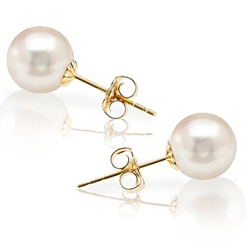 14K Gold Over Silver Handpicked earrings with Freshwater Cultured White Pearl Stud Earrings for Women 8mm