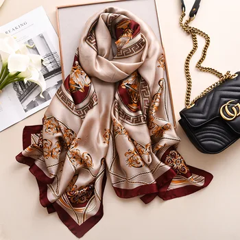 Wholesale 2022 hot sale cheap satin scarf fashion new design golden vines flower print long silk scarf women