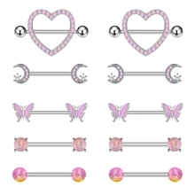 5Pair/Set Butterfly Moon Heart-Shaped Double Pink Diamond Nipple Ring Stainless Steel Lady Y2K Sexy Nipple Perforate Jewelry