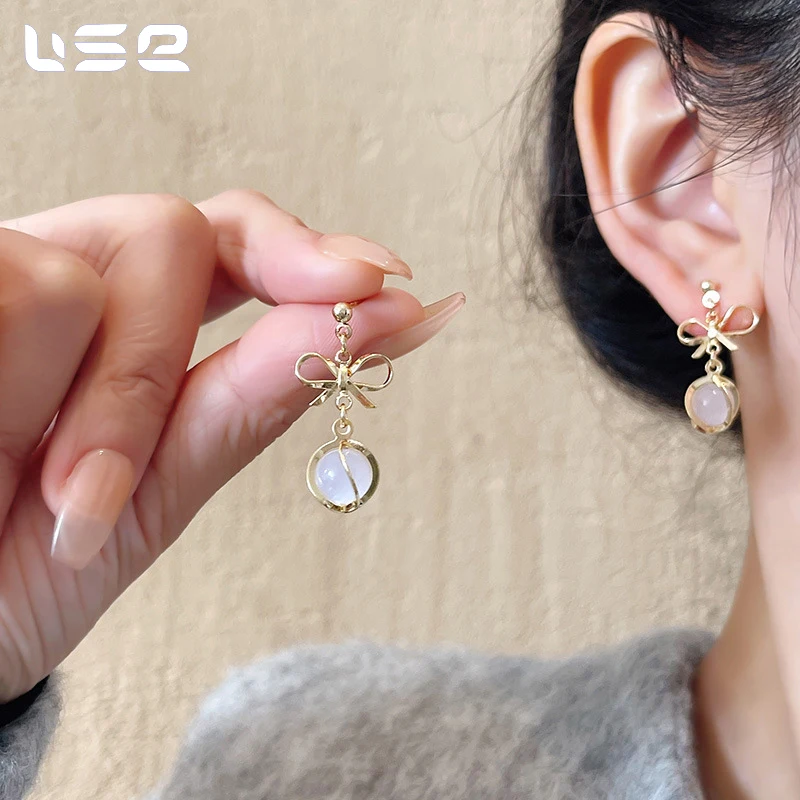 S925 sterling silver fashion simple temperament opal bow earrings jewelry for women