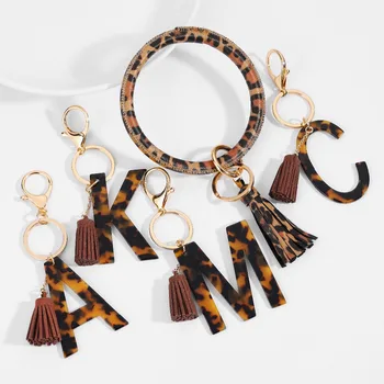 English Alphabet Leather Tassels Key Holder Round Keyring Key Ring Chain For Women Girls Wristlet Keychain Bracelet