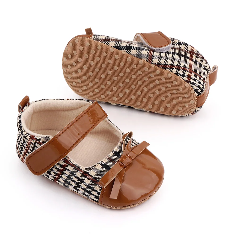 Baby Girls Cute Matching Plaid Solid Leather Bow Infants Soft Soled Princess Toddler Shoes factory