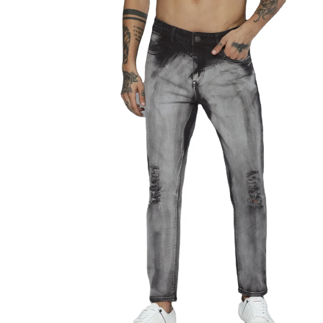 High quality cotton charcoal black carrot fit printed ripped stacked jeans for men