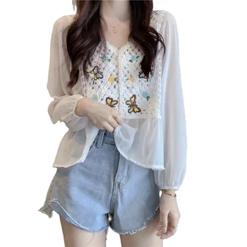 Chiffon shirt female design sense of minority summer wear thin long sleeve sunscreen blouse fat hollow short top