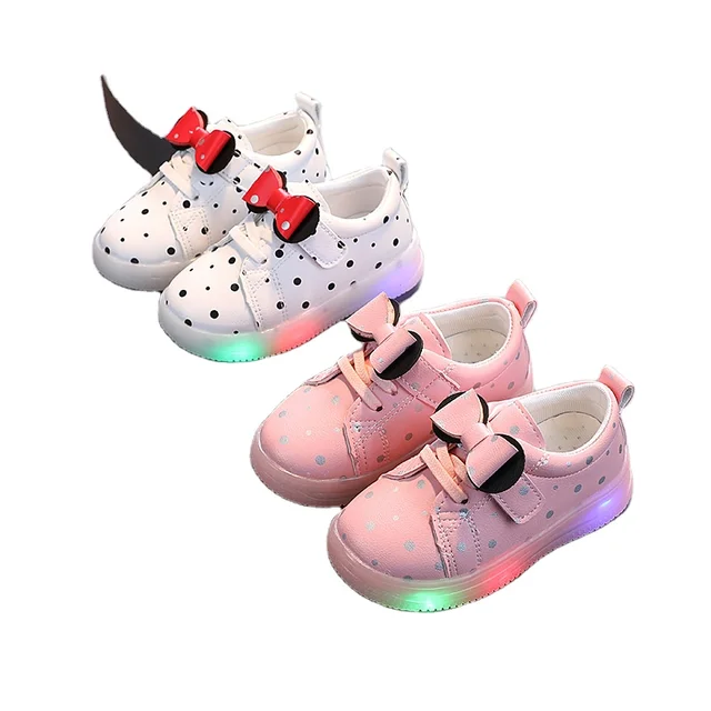 New Arrival PU Material Light Polka Dot Bow Casual Shoes for Children LED Charging Toddler Shoes for Girls 1-6 Years Old