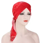 Flowers Scarf Wholesale Polyester Long Tail Print Flowers Women Inner Turban Cap Muslim Head Scarf Islamic Ladies Caps