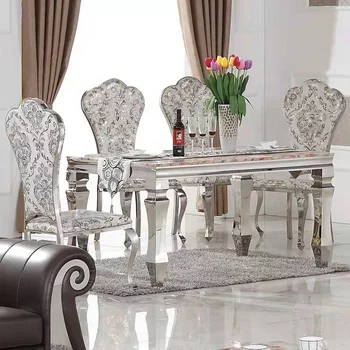 French Louis Dinning Set Royal Classical Dining Table Set Marble Stainless Steel Frame Kitchen Tables With Rectangle Top