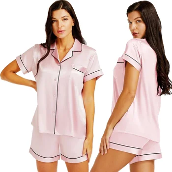 custom summer women's sleepwear short sleeve nightwear silk pajamas suit two piece satin pajama set for women satin pajamas