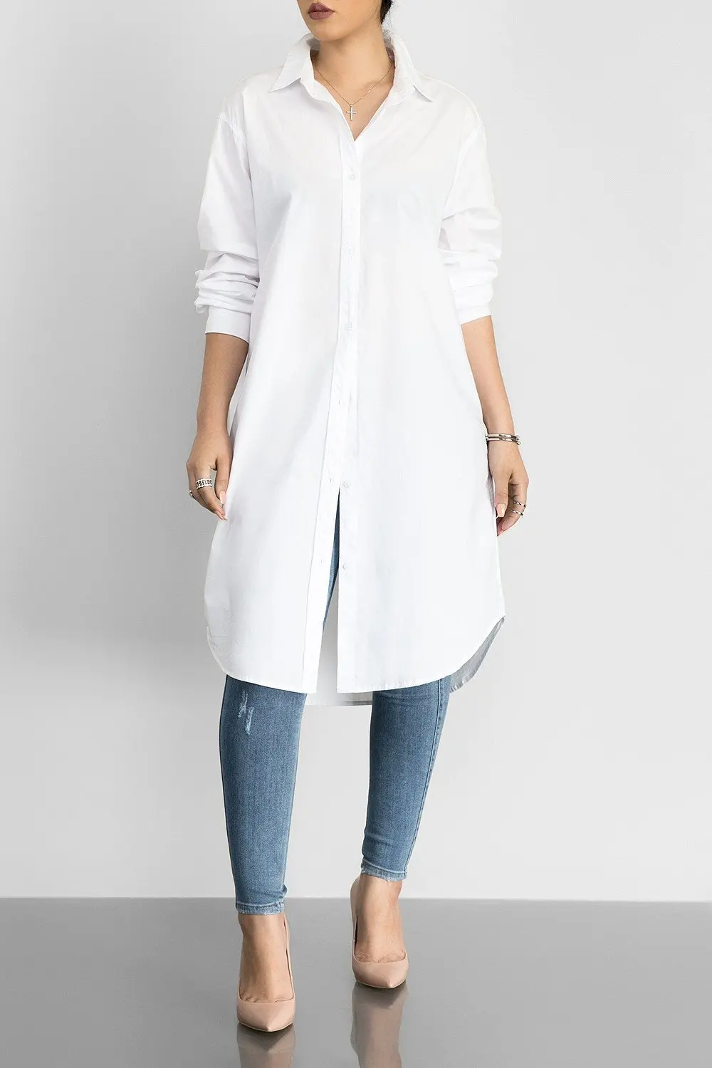 Women's Long Sleeve Knee Length Shirt Solid Color Long Line Shirt Dress White Black Long Shirt Button Up Ladies Blouse