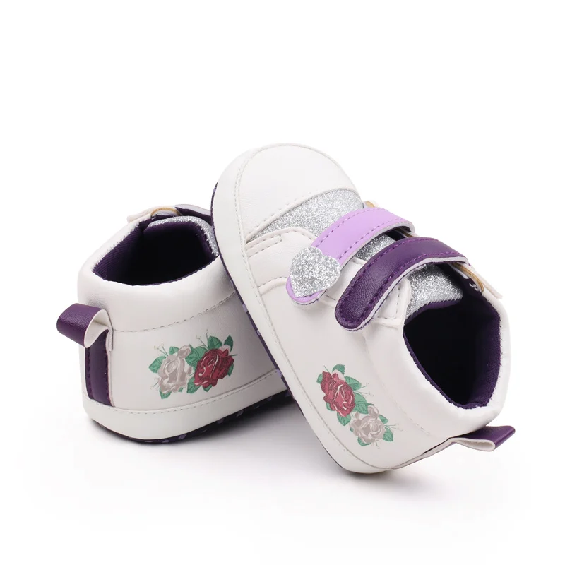 Glitter Heart Baby Girls Rose Print Pattern Different Colors Double Hook and Loop High Top Casual Shoes manufacture