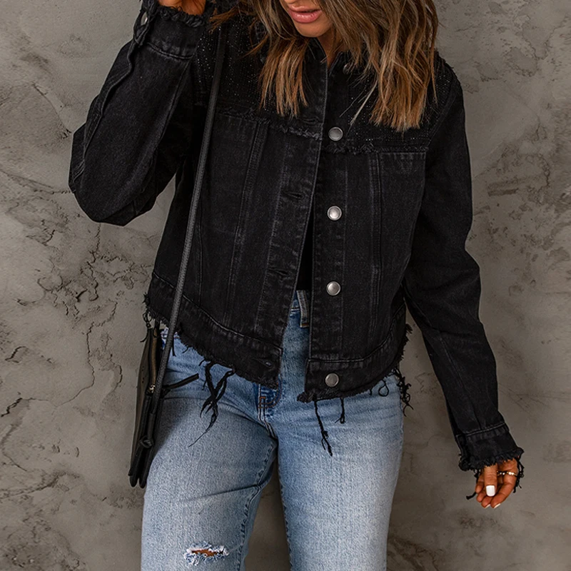 Dear-Lover Private Label Chaquetas Para Mujer Black Frayed Trim Button Down Jean Denim Jacket For Women