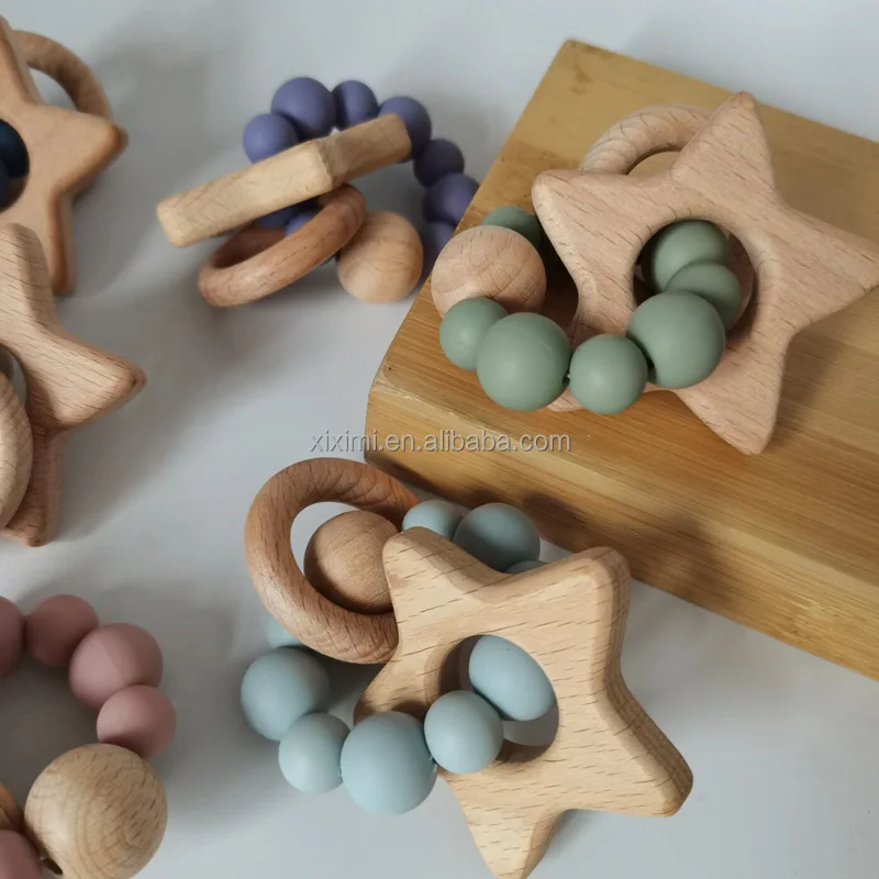 Xiximi Bpa Free Wooden Teething Toy Silicone Beads Baby Star Rattle