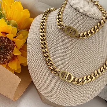 Fashion Women 18k Gold Plated Designer Luxury Water proof Titanium Steel Jewelry Set Bracelet Necklace Jewelry Sets