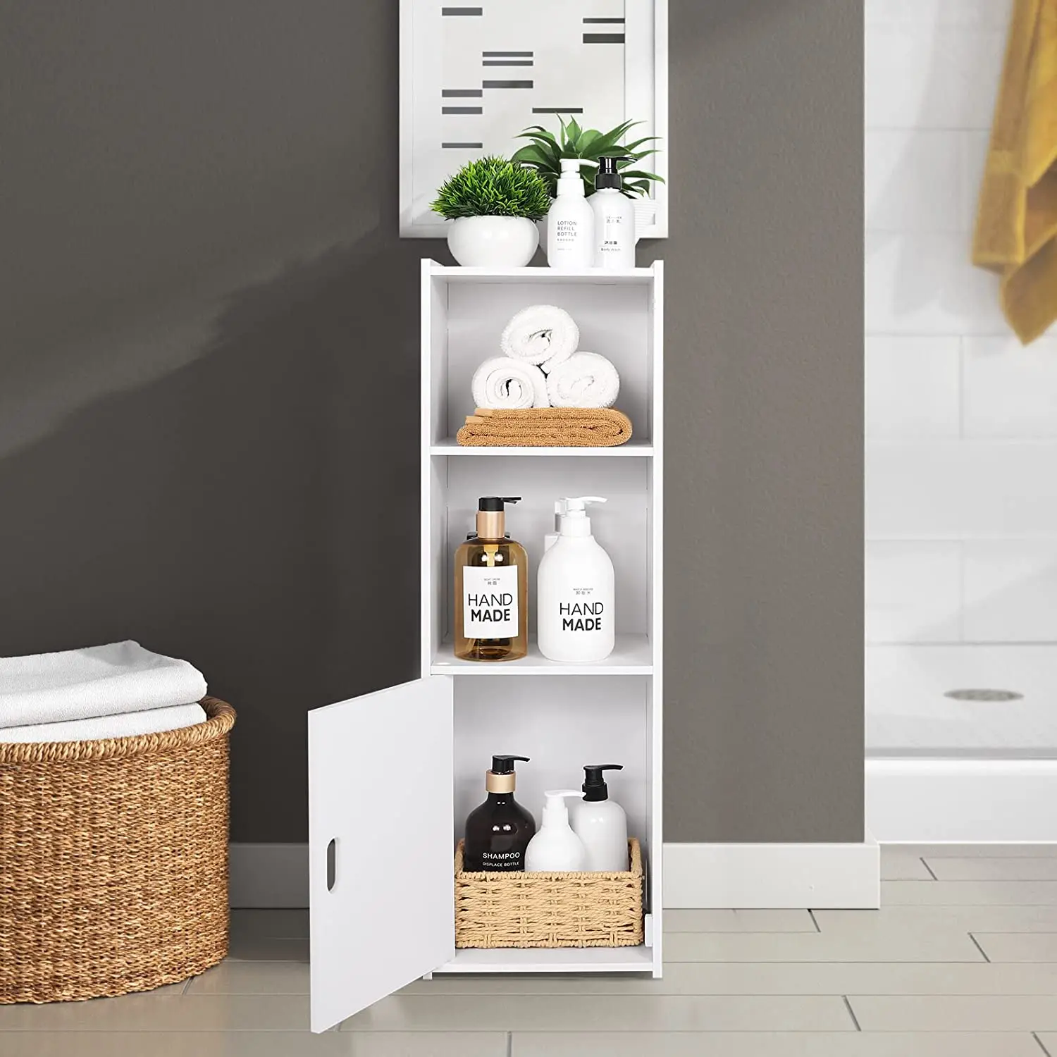 Hallway wooden storage cupboard bathroom storage shelf with grooved handle and daily use layer furniture