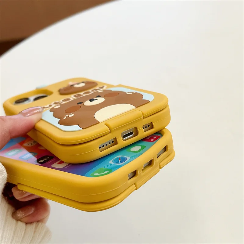 For Apple iPhone15 14 13 12 11 Pro Max Holder Mobile Phone Case Cartoon Cute Bear Mirror Cases Cover