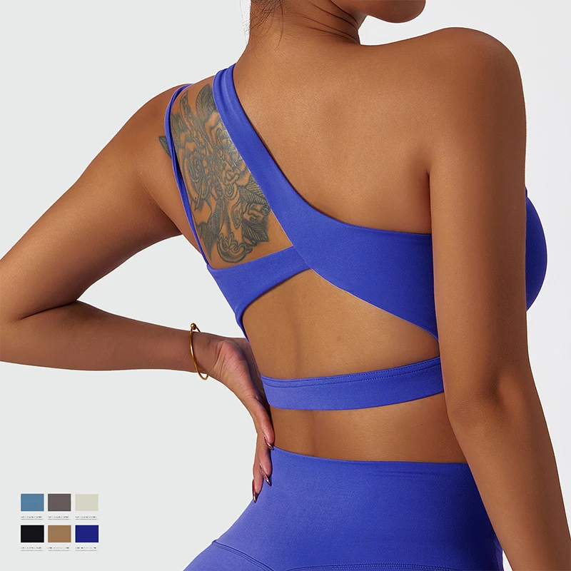 YIYI INS Hot Hollow Out Shockproof Workout Tops Push Up Solid Color One Shoulder Crop Top Breathable S-XL Sports Bra Tank Tops