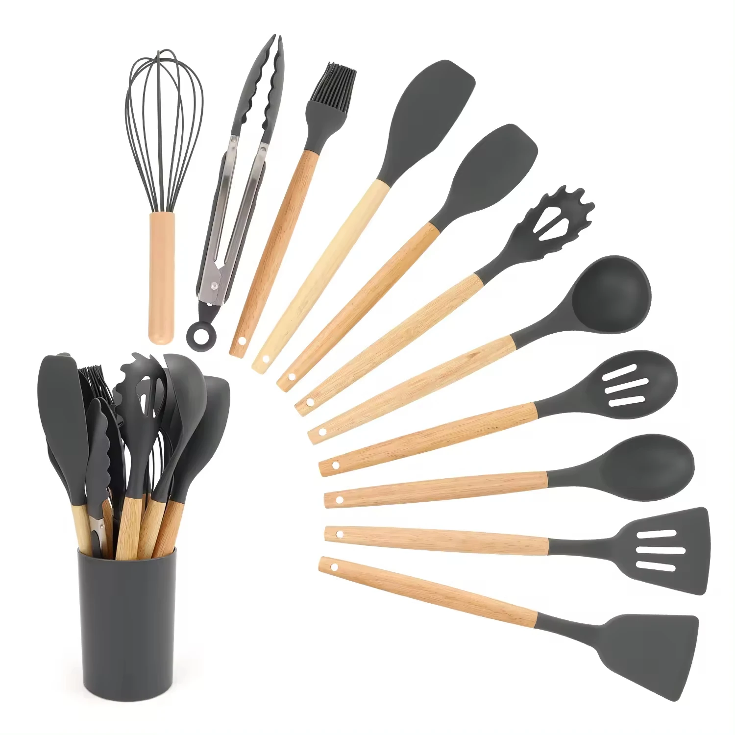 Sell well Complete Kitchen Utensil Set 12 Piece Non-Stick Cooking Silicone Kitchenware Kit kitchen utensils Wooden Handle