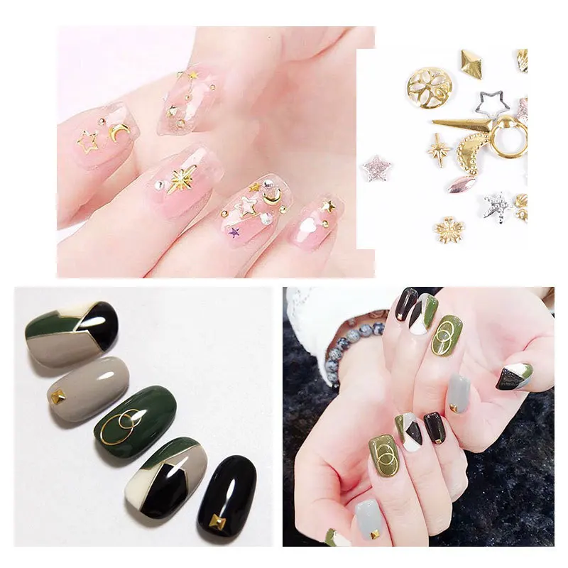 product hollow metal frame 3d nail stickers luxury manicure accessories gold rivet patch nail drill decoration-34