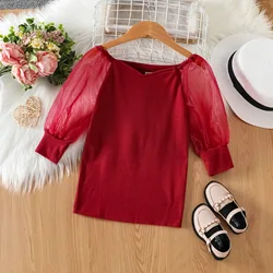 New fashion candy-color girl's dresses fashionable V-neck matching mesh sleeve summer kids shirts dresses