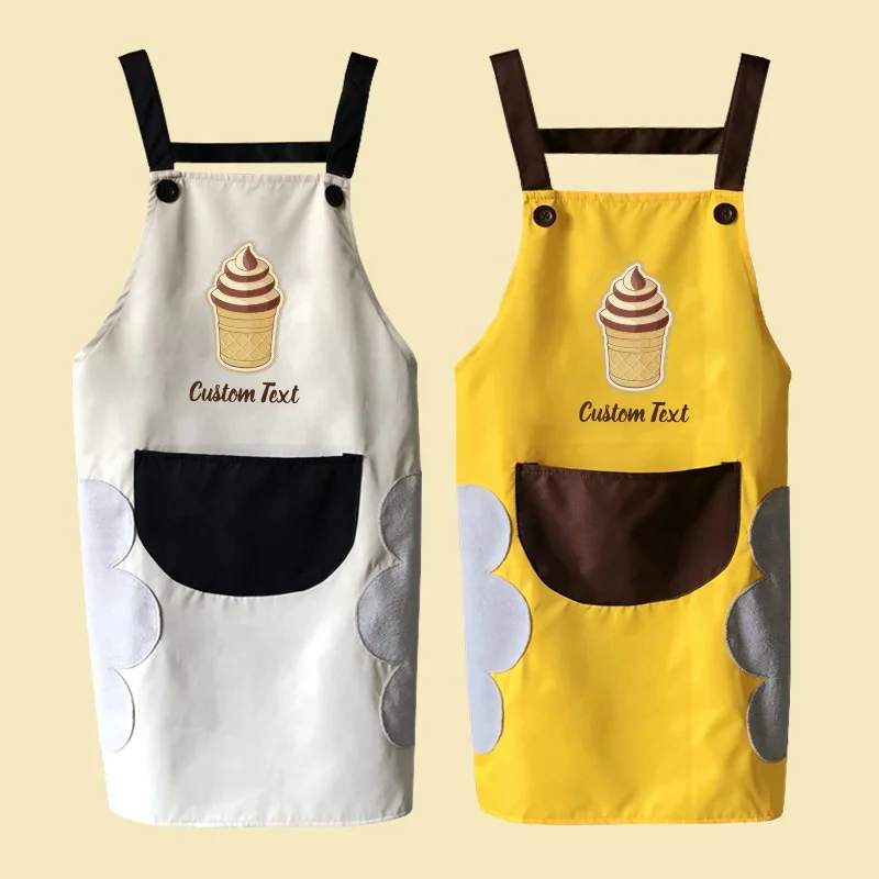 Convenient hand drying yellow cheap aprons custom short text Making ice cream working apron 1-large-pocket kitchen chef