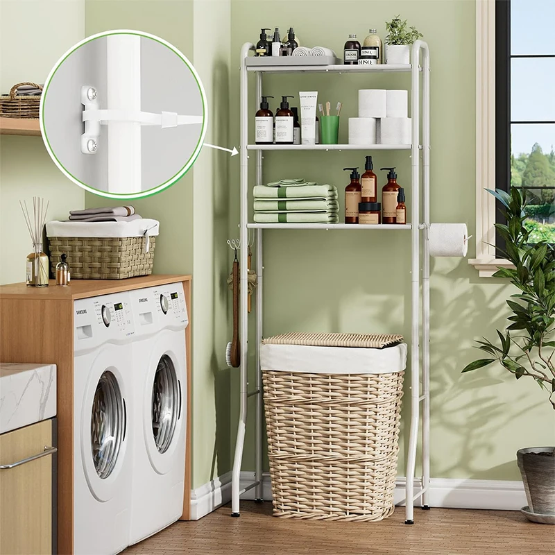 Bathroom with Hooks Metal 3 Tier Over The Toilet Storage Rack supplies Paper roll Holder towel Bathing supplies Organizer Shelf