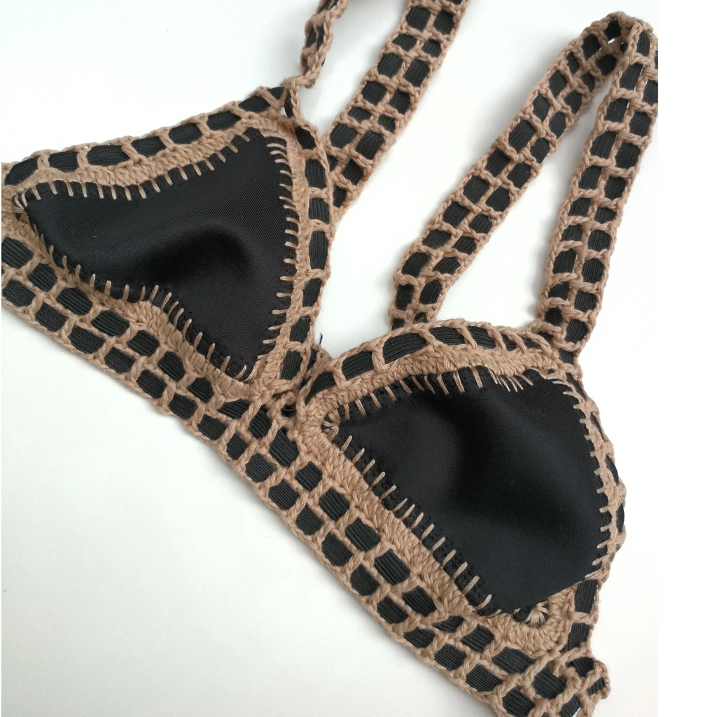 Black Khaki Crochet Bikini Set Sexy Swimwear Triangle Bathing Suit New