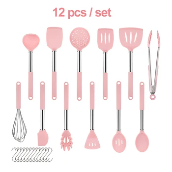 Silicone Kitchen Utensil Set 12 Pieces Pink Green Blue Color Heat Resistant Non-Stick Baking Tool Silicone Cooking Utensils