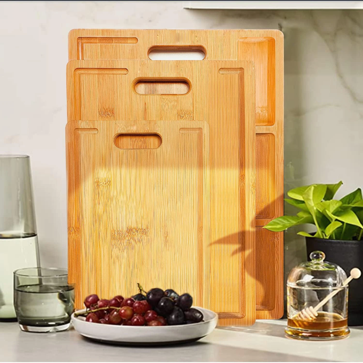 product 3 piece set chopping board serving tray bamboo cutting board with handle for kitchen-0