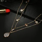 Star Simple Fashionable 5 Pointed Star Moon Diamond Double Layer Necklace Oval Imitation Gem Chain