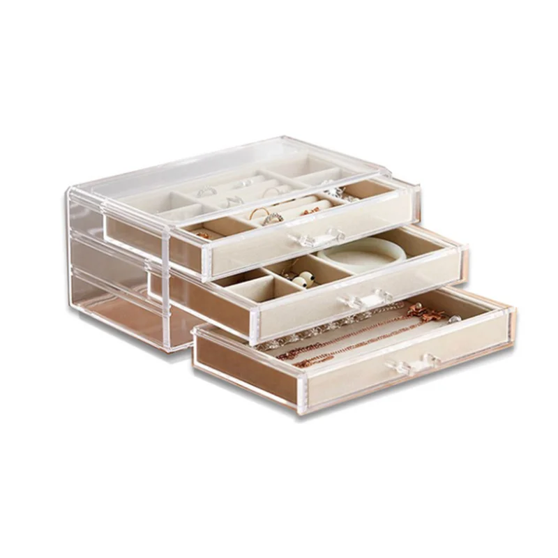 3 Layers Clear Jewelry Shelf Organizer Velvet Drawer Flannel Earrings Ring Transparent Jewelry Box