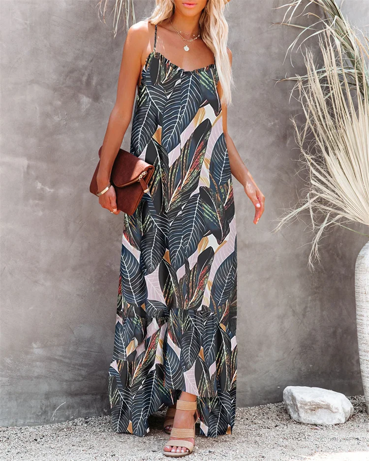 holiday beach floral dress spaghetti strap loose women maxi dress