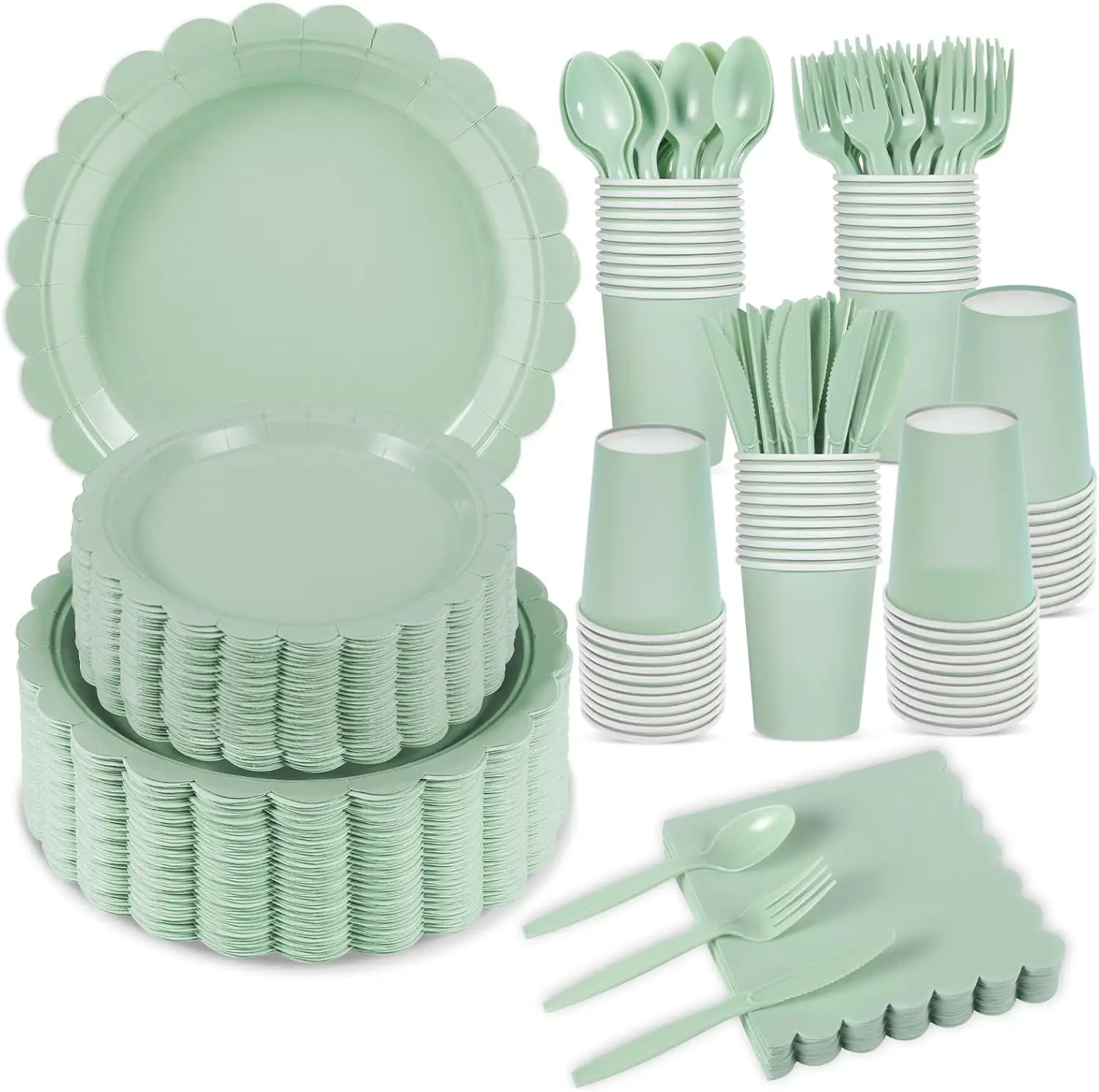 Rat Tail Green Lace Party Tableware Set Solid color Birthday Party Decorations Pure color Disposable Paper Plates And Cups