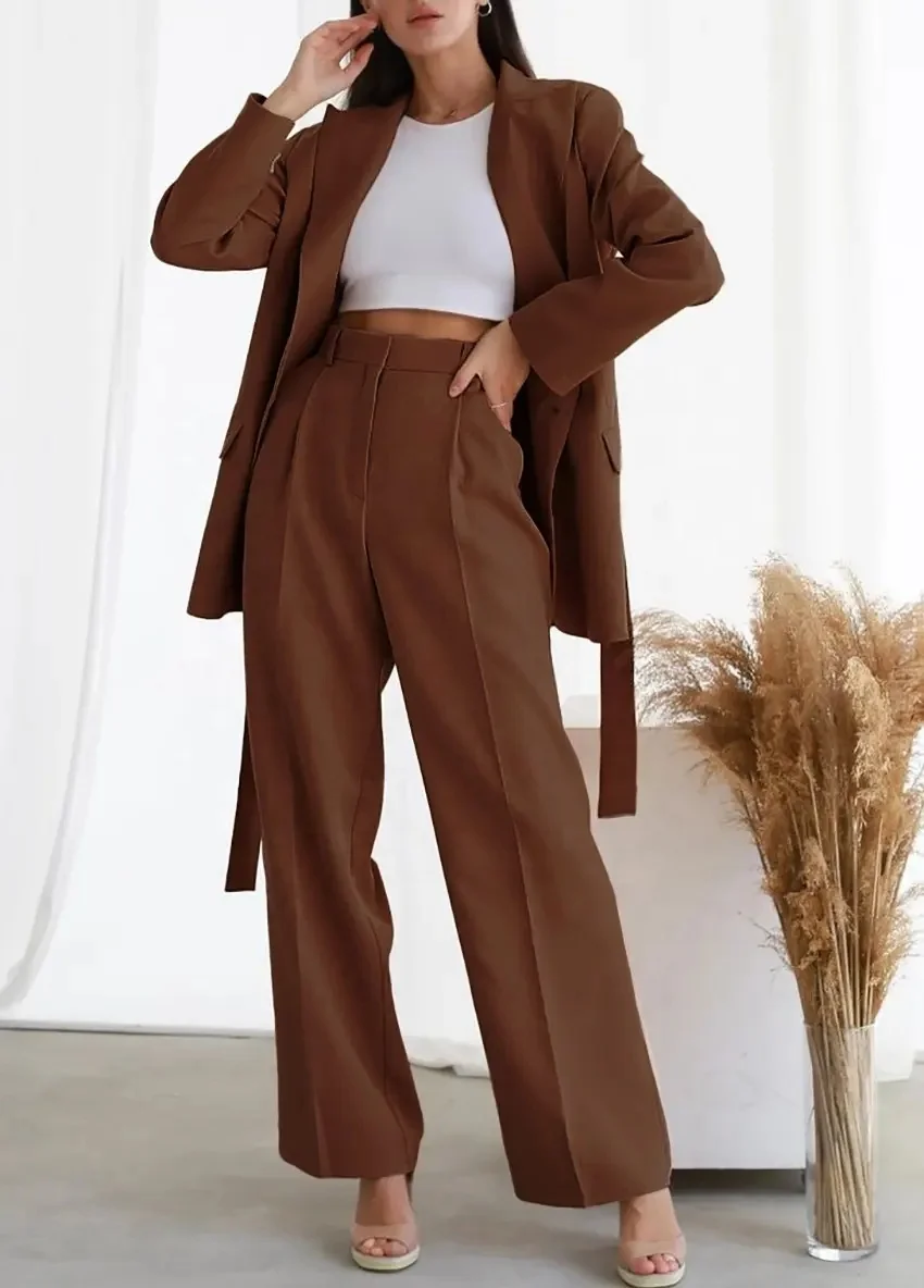 Women's wide-leg slacks with pocket lightweight high-waisted adjustable tie knot slacks