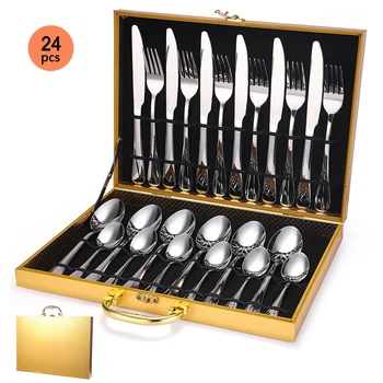 Top Luxury Mirror Polish Flatware 304 Stainless Steel 24 Pieces Cutlery Set Knife Fork Spoon Silver Gold Cutlery Set