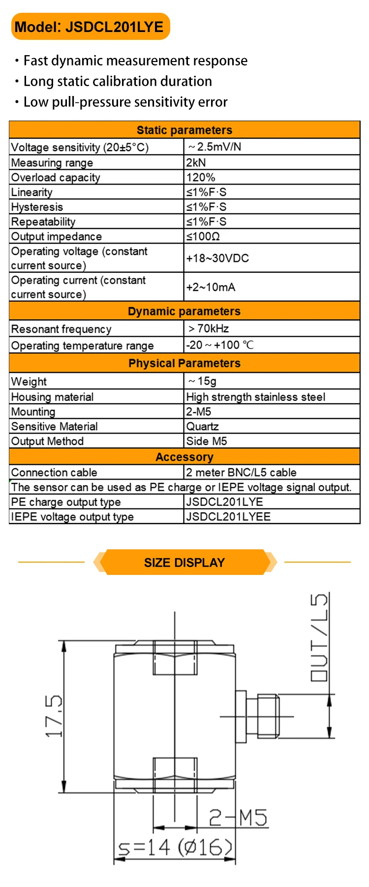 JSDCL201LYE High Accuracy Force Sensor for Measuring Dynamic Quasi-Static Force of Vibrator Product Category Pressure Sensors details