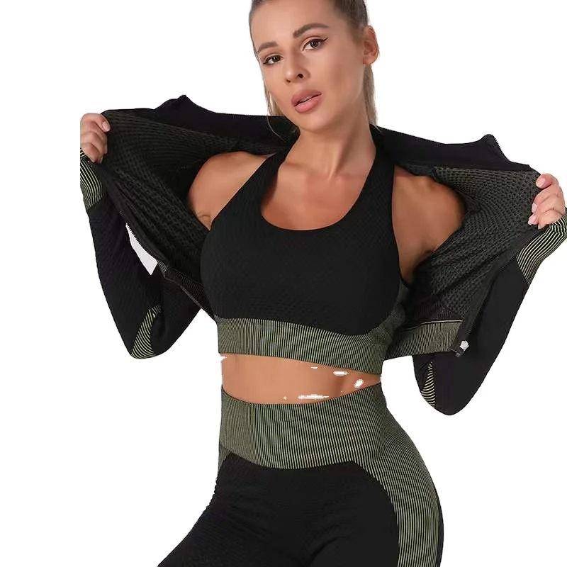 2021 Custom Logo 3PCS  Fitness Sports  Women Gym ActivewearSeamless 3 Piece Yoga Leggings Sets Workout Set gym activewear
