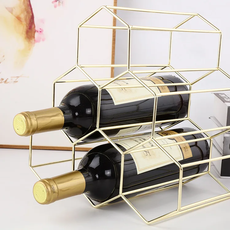 Simple and Fashionable Metal Brushed Gold and Geometric Design AUOKER Metal Wine Bottle Holder Space Saver Protector for Red & White Wines Geometric Wine Rack Freestanding 6 Bottle Holder 