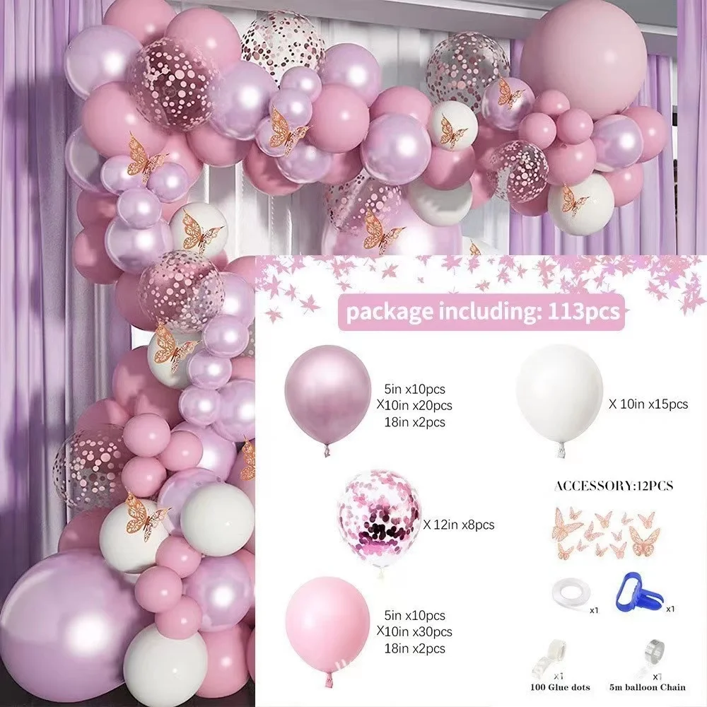 Hot Sale 121Pcs Butterfly Pink and Purple Balloon Garland Set Kids Birthday Party Party Accessories