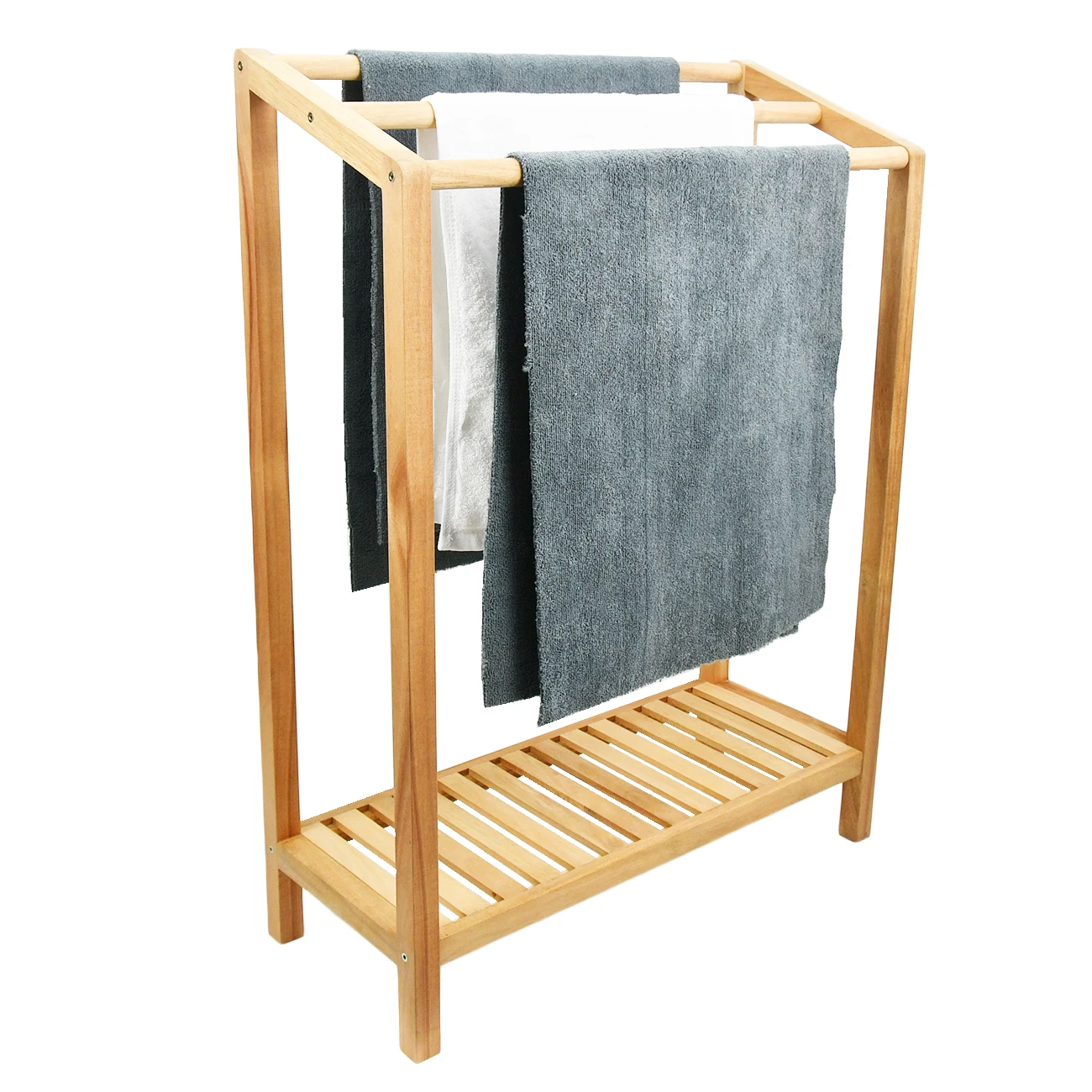 Bamboo 3 Tier Towel Rack for Bathroom, Free Standing Beach Towel with Storage Shelf Poolside Rack with Bottom Organizer for Bath