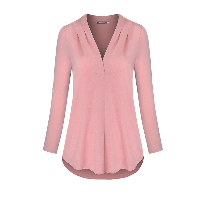 China clothing factory casual office dresses V neck roll up long sleeve curve pleated hem women blouse shirt
