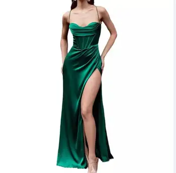 2022 New Sleeveless Black Crystallized Corset High Slit Satin Gown One Shoulder Maxi Evening Dress Woman With Slit
