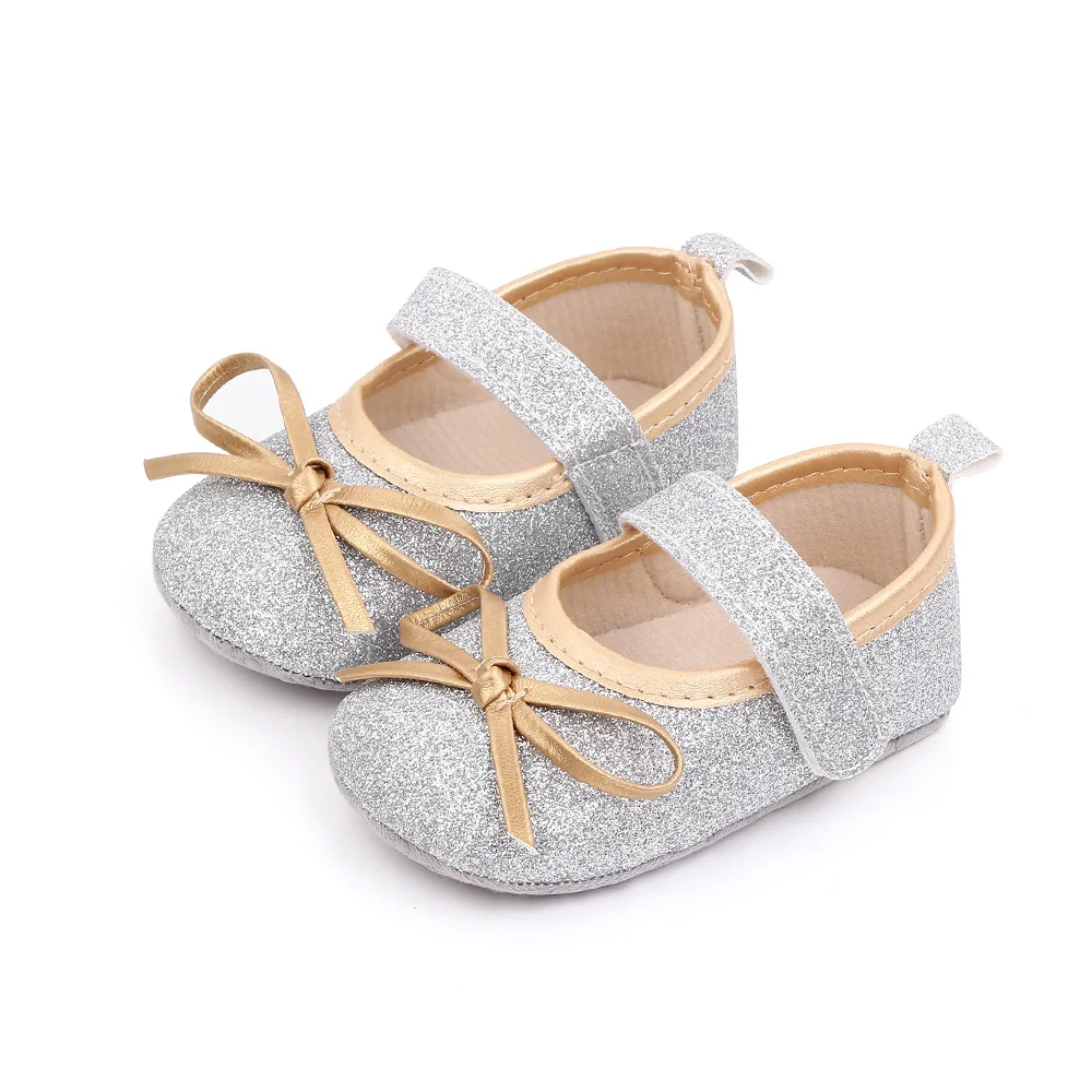 Spring and Autumn Baby Girls Sparkle Solid Color Glitter pink Bow Princess Toddler Shoes supplier