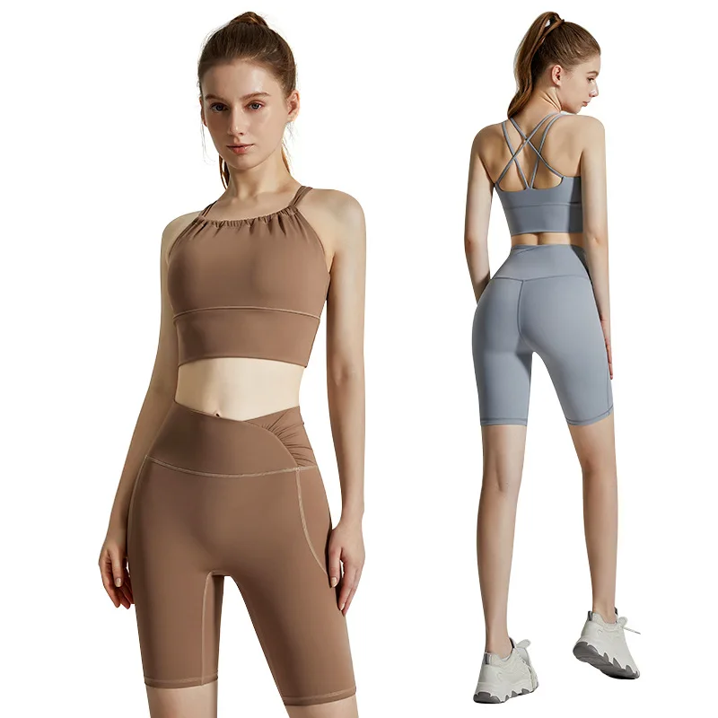 Factory Direct Thin Fashion Ruffled Running Summer Yoga Suit Sports Bra Legging Shorts Sets Fitness Women'S Sportswear