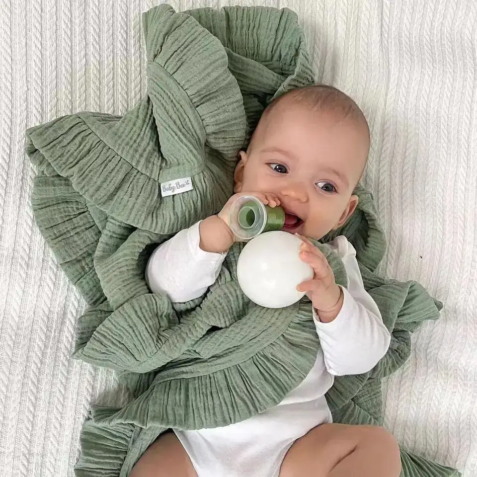 Toddler Gauze Cotton Muslin Swaddle Crinkle Throw Blanket Kids Burp Cloths Baby Receiving Ruffle Muslin Blanket