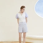 Blouse Ladies 2021 Summer Blue Puff Sleeve Blouse Deep V Tie Waist Ladies Blouse